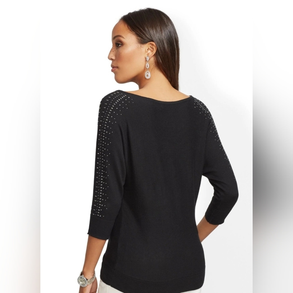 7th Avenue Women's Black Sweater W/ Rhinestone 3/4 Length Sleeves Relax Fit Sz M - Picture 2 of 13